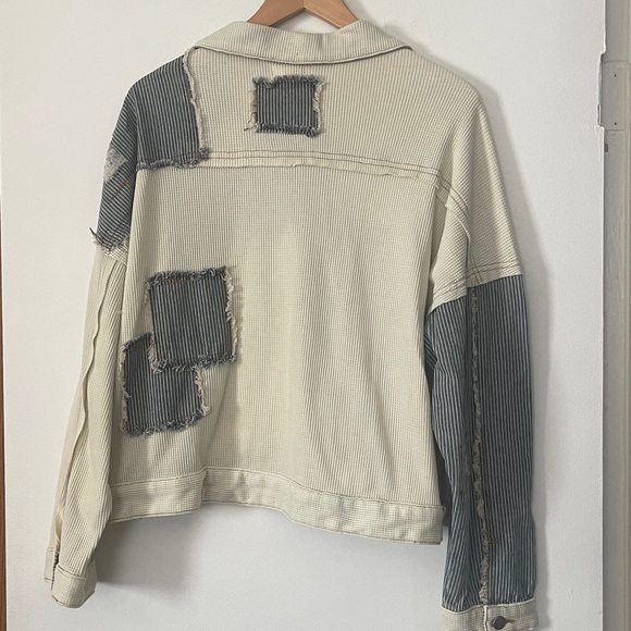 POL Ivory Multi Pinstripe Oversized Distressed Patchwork Jacket small NWT - Picture 6 of 7